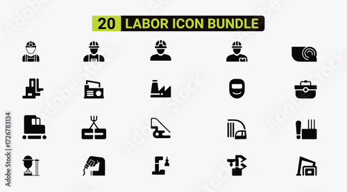Line-styled Labor Web Icon Set. A collection of construction-related linear icons, such as labor day, building, company, workers, materials, remodeling, repair, and etc.