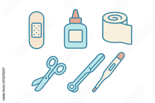 Essential first aid supplies including bandage, tape, scissors, and thermometer for medical care