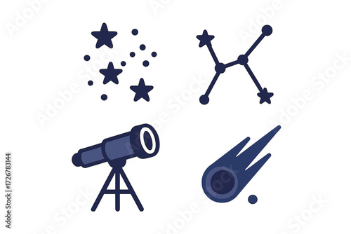 Collection of celestial objects and astronomical equipment featuring stars, constellations, telescope, and comet