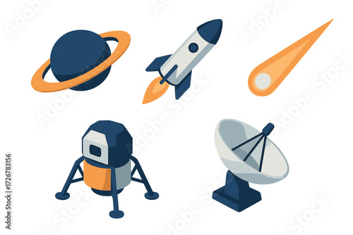 Collection of cosmic exploration objects featuring planet with rings, launching rocket, lunar lander, satellite dish, and comet