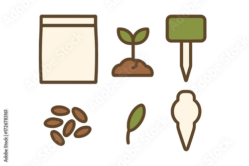 Various gardening and planting symbols for horticulture and agriculture projects including seed packet seedling plant marker seeds leaf and trowel