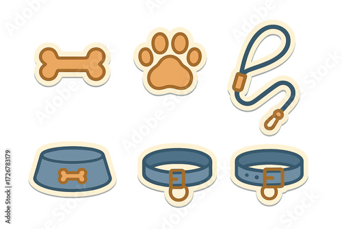 Essential dog accessories collection with collars, leash, food bowl, bone, and paw print for pet care and training