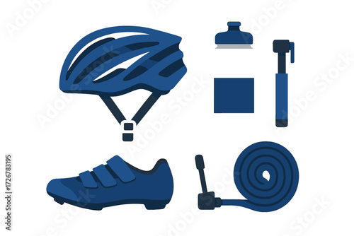 Essential cycling equipment for bicycle riders including helmet, shoe, water bottle, pump, and lock