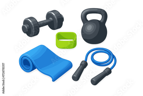 Assortment of modern fitness equipment including dumbbell, kettlebell, resistance bands, and jump rope for strength training and cardio exercises