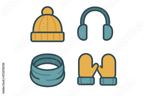 Cozy winter season clothing accessories set with warm hat earmuffs neck warmer and mittens for cold weather