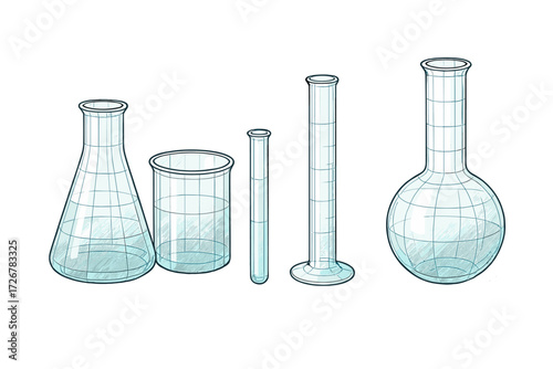 Laboratory glassware set with flasks, beakers, test tubes, and graduated cylinder for scientific experiments