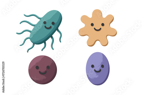 Adorable smiling bacteria, germs, and various microorganisms with happy faces in a colorful set for health and science concepts