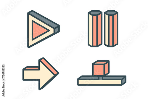 Isometric media player controls and navigation arrows for modern user interface design and web applications
