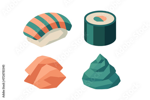Geometric isometric Japanese sushi nigiri maki roll sashimi and wasabi set, traditional Asian cuisine food items