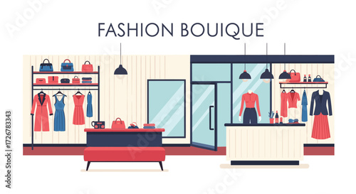 Chic Fashion Boutique Illustration: Interior Design with Clothes, Bags, and Accessories for Women; Trendy Clothing Retail Store Experience and Shopping