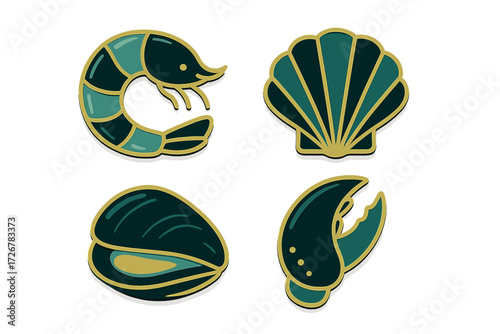 Set of stylized marine life icons featuring shrimp, scallop, mussel, and crab claw in a modern graphic design style perfect for restaurant menus or ocean-themed projects