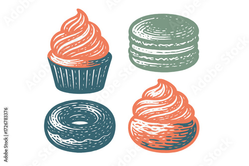 Collection of stylized dessert pastries including cupcakes, macarons, and a donut with distressed texture and a vintage color palette