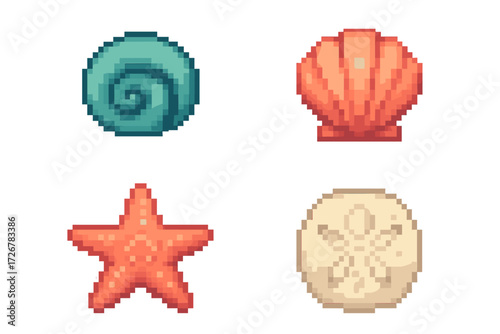 Vibrant pixelated ocean treasures collection featuring spiral shell, scallop, starfish, and sand dollar in charming retro style