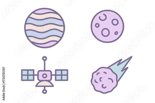 Colorful cosmic elements with striped planets, cratered moon, orbiting satellite, and streaking comet