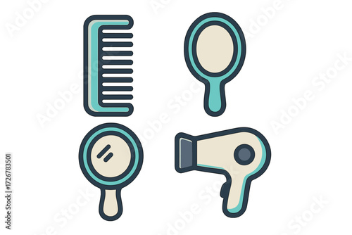 Essential hairdressing tools and beauty accessories set featuring a comb, two hand mirrors, and a modern hairdryer for personal care