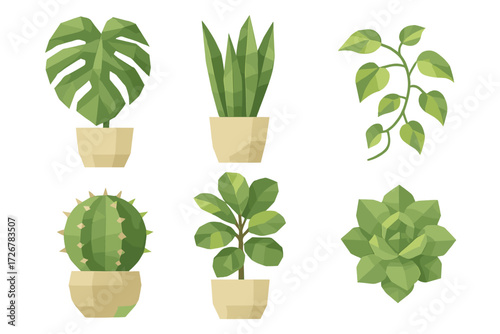 Geometric potted houseplants and succulent plants in a low poly design for modern home decor and interior design projects