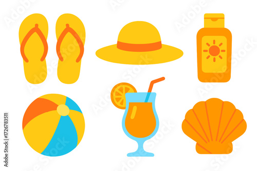 Colorful summer beach vacation essentials including flip-flops, sun hat, sunscreen bottle, beach ball, tropical cocktail, and seashell