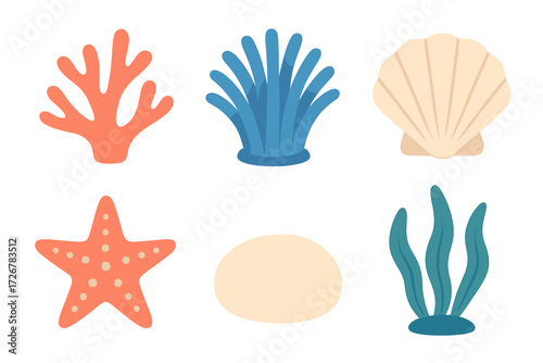 Vibrant collection of underwater world elements including coral, starfish, seashell, and various seaweeds