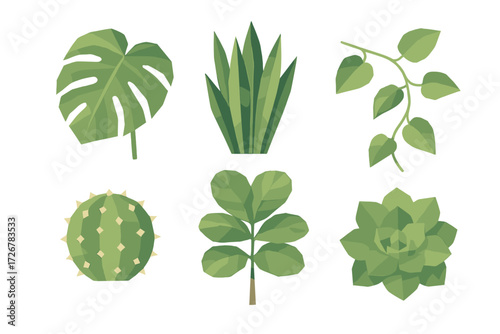 Stylized geometric collection of green houseplant leaves, tropical foliage, succulent plants, and a cactus on white background