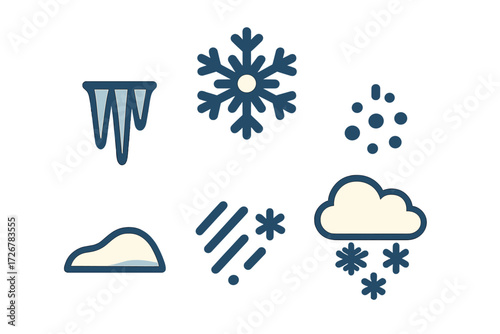 Collection of winter weather condition icons including snowflake, icicles, snowdrift, and falling snow symbols