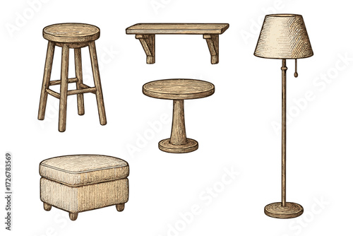 Assortment of classic wooden furniture including a tall stool, wall-mounted bench, pedestal table, upholstered ottoman, and floor lamp