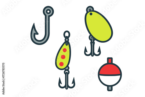Collection of essential fishing equipment featuring a hook, two artificial lures, and a traditional bobber