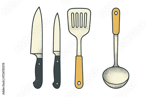 Collection of essential kitchen utensils including chef knife, paring knife, slotted spatula, and soup ladle for culinary tasks and food preparation