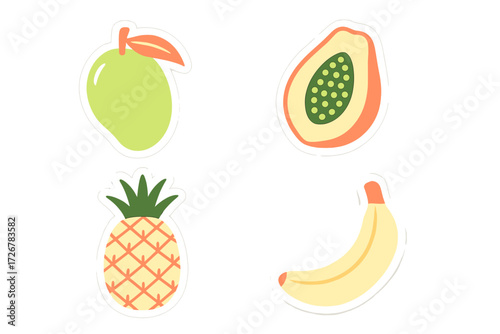 Vibrant tropical fruit collection featuring fresh mango, ripe papaya, sweet pineapple, and yellow banana