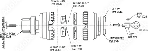 Exploded chuck assembly vector diagram with labeled mechanical components, machining tool parts, precision schematic, engineering blueprint, industrial illustration