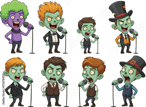 Cartoon zombie singers performing with microphones, horror concert theme, undead music characters in eccentric outfits and expressive poses vector illustration set