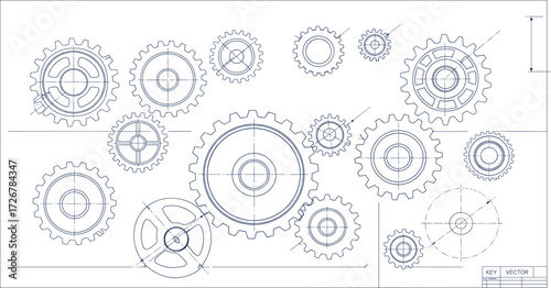 Mechanical gear blueprint vector set with engineering schematics, cogwheel designs, industrial parts, technical drawing, machine elements, precision components