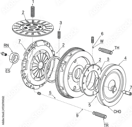 Exploded clutch assembly vector diagram with labeled mechanical parts, automotive components, engineering schematic, transmission system, repair reference illustration