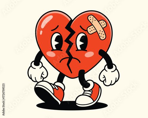 Sad broken heart character with bandaid