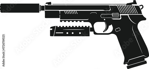 Tactical pistol silhouette vector with suppressor and flashlight attachment, firearm outline, stealth weapon design, military gear illustration