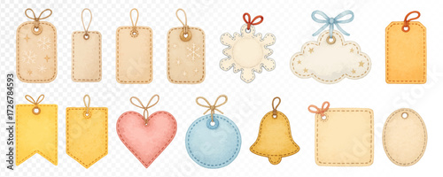Set of felt tags in assorted shapes including heart, circle, bell, snowflake, cloud, banners and rectangles, handmade fabric style with watercolor texture. Vector illustration.