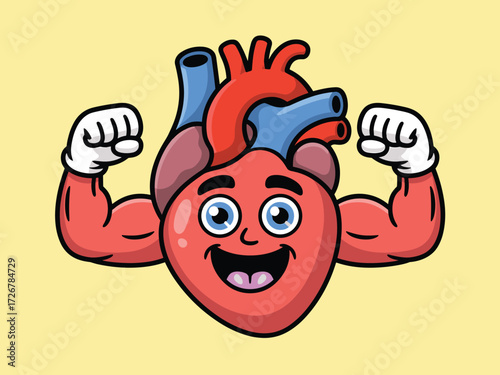 Cartoon heart flexing muscles, healthy heart