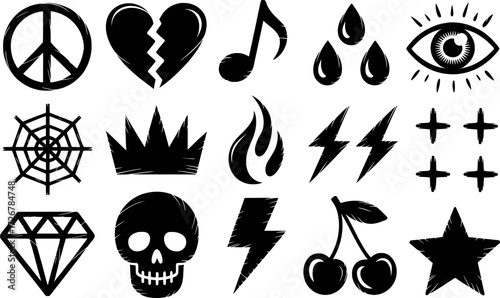 Collection of Black Grunge-Style Icons: Peace, Heart, Music, and More