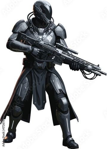 Futuristic armored soldier vector illustration with high-tech exosuit, sci-fi rifle, tactical combat stance, cyber warfare gear, concept art