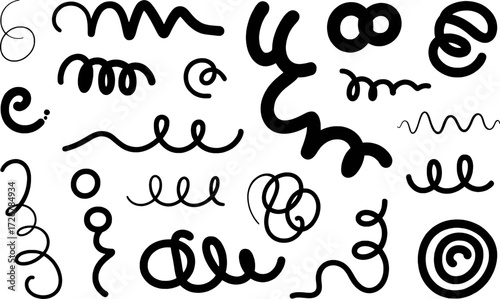 Collection of Black Hand-Drawn Swirls, Curls, and Wavy Lines on White