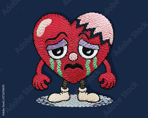 Sad crying heart character embroidery