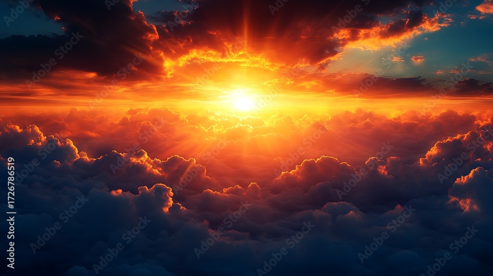 Fototapeta premium Stunning sunrise over clouds, vibrant golden rays illuminate breathtaking sky, inspiring hope and new beginnings.