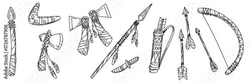 set of elements in style of scribbles, Native American weapons. Spears, bow and arrows, tomahawk, axe, boomerang made of wood with feathers. Handmade items. Black, white scribbles. American Indians