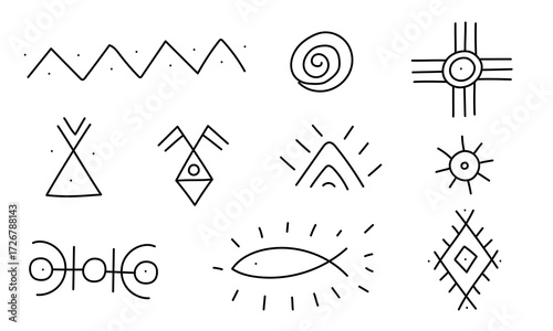 set of elements in style of scribbles, rock carvings, and Native American writing. Graphic images repeated in textures of fabric decorations and embroidery. Black and white scribbles. American Indians