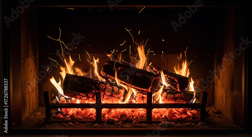 Cozy fireplace burning logs with bright flames and glowing embers  