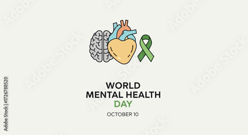 Mental health awareness concept illustration with brain, heart, and green ribbon symbolizing well-being and emotional support