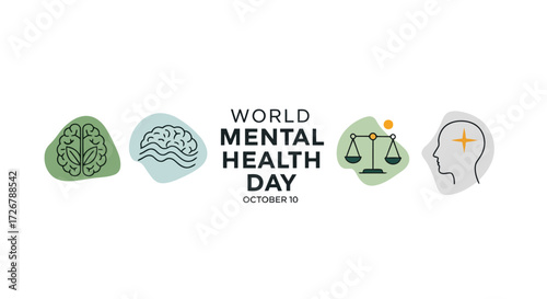 Set of minimalist line art icons for World Mental Health Day on October 10, representing brain, balance, and positive well-being