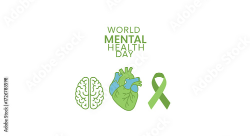 Illustration promoting psychological health and emotional balance with brain, heart, and awareness ribbon icons
