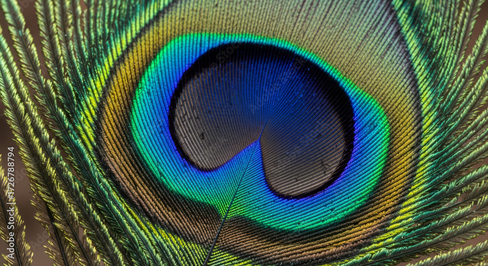 Obraz premium Stunning close-up of vibrant peacock feather showcasing iridescent blues, greens, and gold, a captivating texture and color palette for design projects