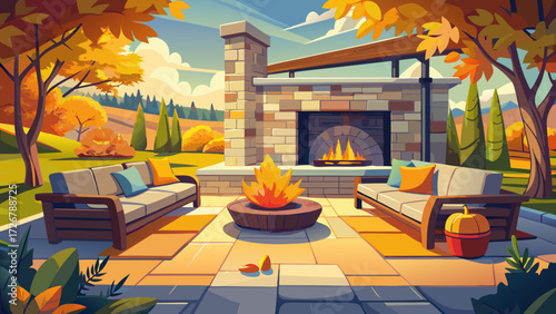 
very beautiful Outdoor stone fireplace, seating area with sofa. Backyard patio with stone pavers. Garden landscaping, autumn colors, fall season. Cozy, relaxing design. Modern, luxury home exterior. 
