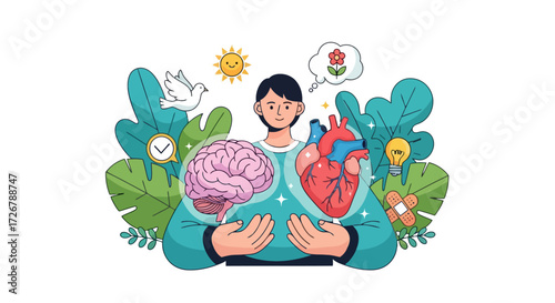Self-care concept showing a person embracing both the logical brain and the emotional heart for mental health balance